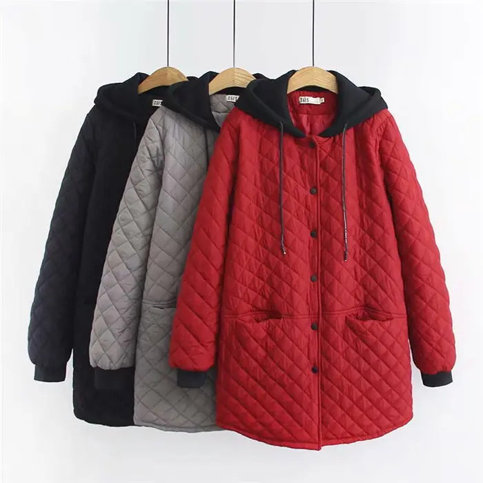

New Long Plaid Loose Hooded Jacket 6XLThick Cotton Coat Ropa De Mujer Single Breasted Wide-waisted Boutique Women Clothing 2021