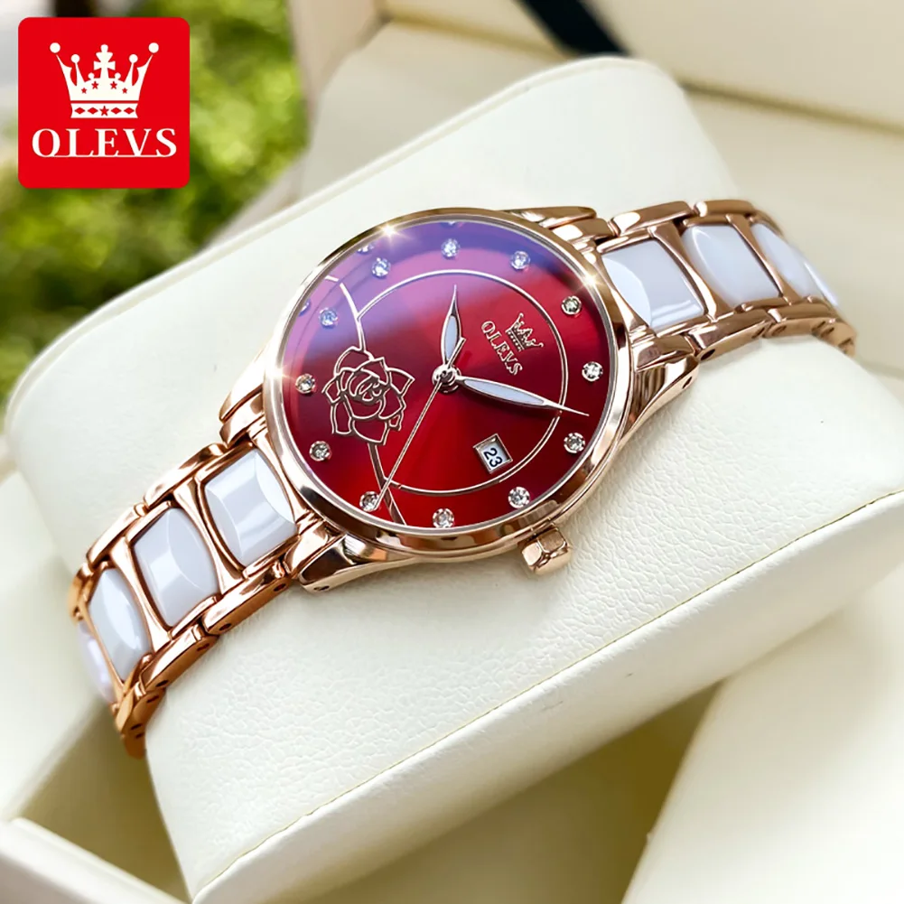 

Часы женские OLEVS, керамика, кварцевые, со швейцарским механизмом, водонепроницаемость до 50 м, браслет для женщин, золото 18 карат