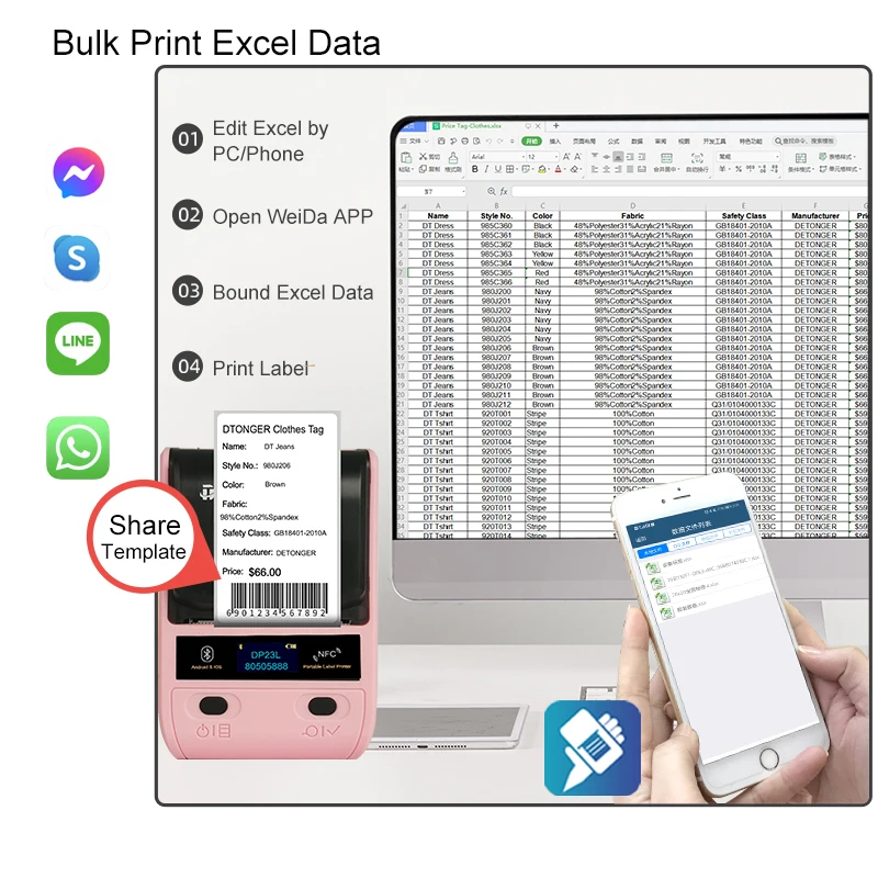 Dettisan 58 мм бесплатное приложение Android iOS SDK BT штрих-код QR-код для одежды ювелирных