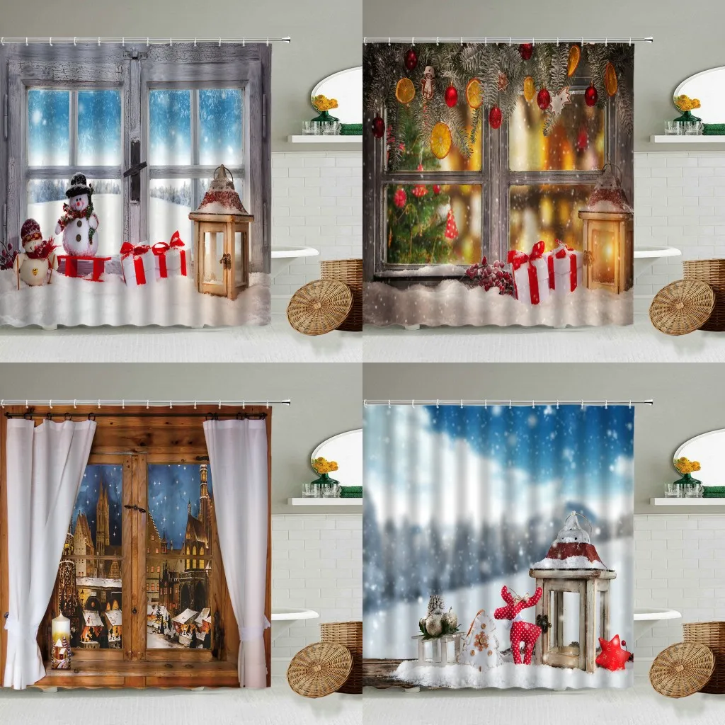 

Занавеска для душа на окно, Рождество, Новый год, Рождество, снеговик, праздничный подарок, зимний Снежный пейзаж, экран для ванной комнаты с комплектом крючков