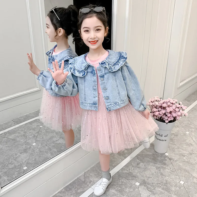 

Girls Clothes Suit Autumn Spring Kids Fashion Girls Doll Collar Denim Jacket + Mesh Dress 2PCS Sets Children Clothing 3-12 Year