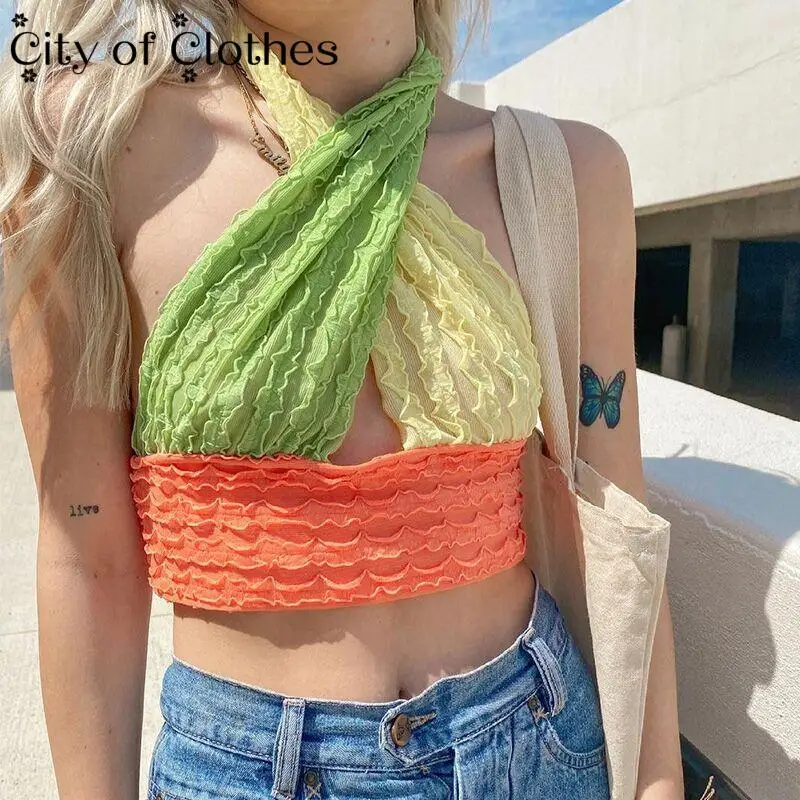 

Casual Textured Colorblock Halter Crop Top Summer 2021 Women Fashion Criss Cross Backless Sexy Beach Tank Hollow Out Clubwear