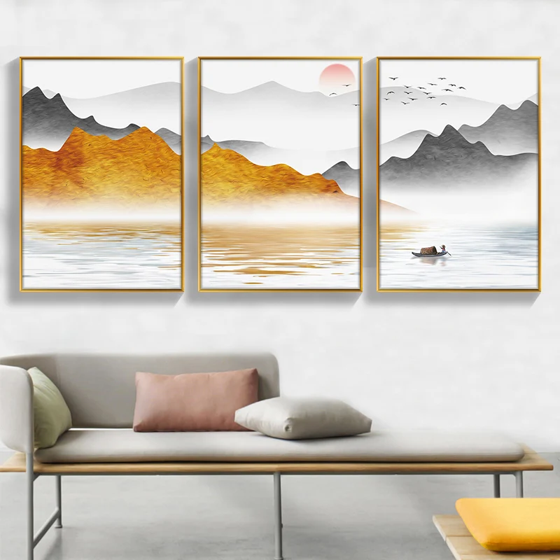 

Living room decoration painting Chinese style modern minimalist sofa background wall painting landscape painting triptych mural