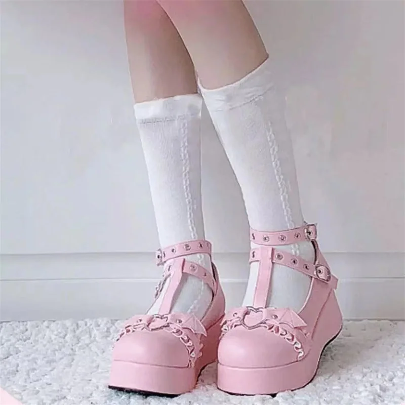 Size 42 43 New Female Lolita Cute Mary Janes Pumps Platform Wedges High Heels Women Pumps Sweet Heart Buckle Punk Shoes Woman