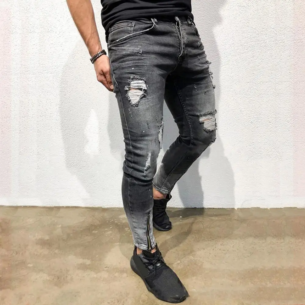2021 Stylish Men Jeans Comfortable Breathable Mid Rise Skinny Fashion Ripped Holes Zipper Pencil Pants Trousers for Daily Wear