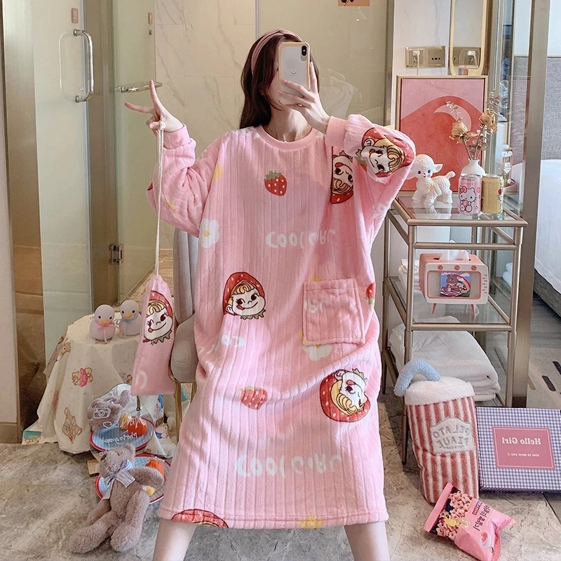 

Large size 8XL120kg Winter Women Flannel Thicken Dress Sweet Long Sleeve Nightgown Nightgowns Fleece Dress Home Wear
