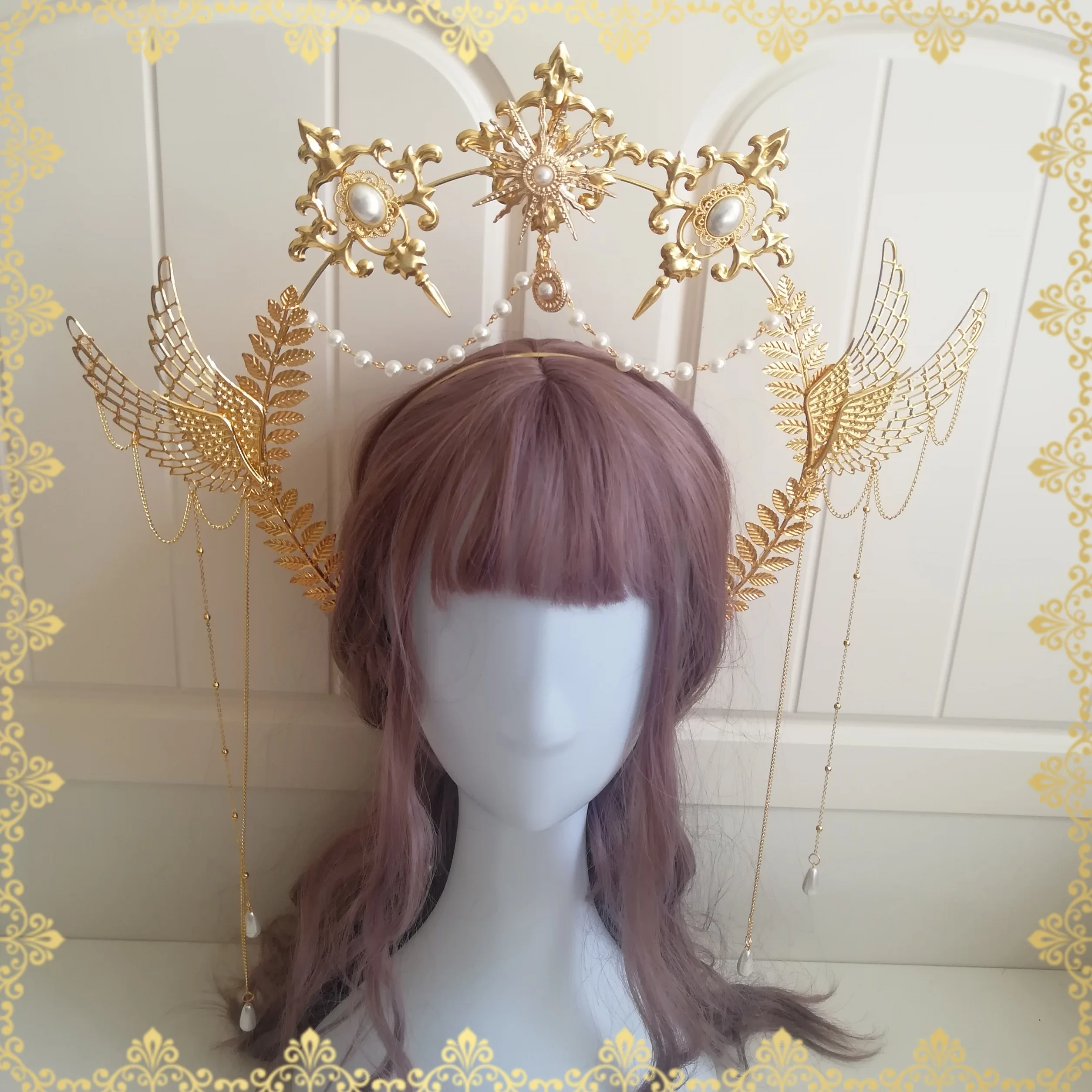 

Original Lolita Handmade Flower Marriage Virgin Halo Crown Headdress Tea Party Pearl Chain Sun Wings Chain Style Retro Cosplay