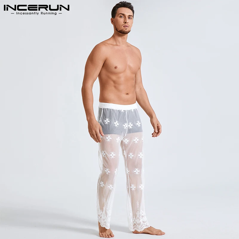 

Comfortable Homewear INCERUN Mens Long Pants Lace Mesh Trouser Elastic Waist See Through Taped White Pants Sleep Bottoms S-5XL