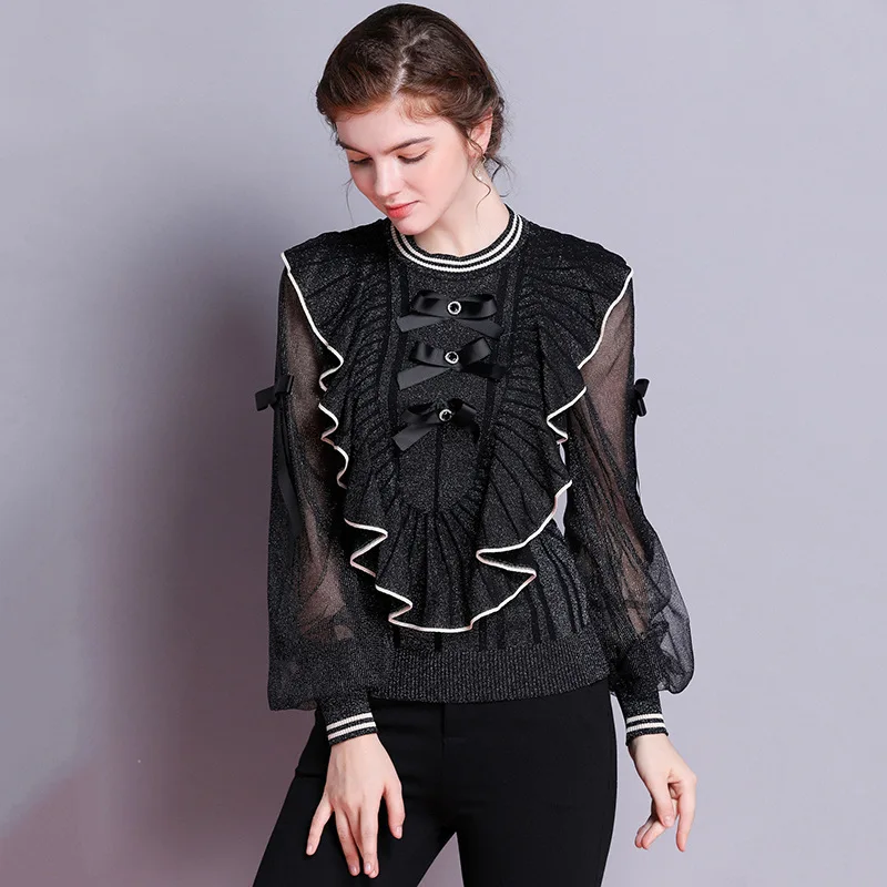 

Top Quality New 2020 Autumn Winter Pullovers Women Beading Bow Patchwork Lurex Yarn Knitting Long Sleeve Sexy Sweaters Female