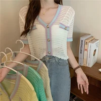 cardigan hollow hit color v neck short sleeved sweater womens summer new korean style loose and thin top
