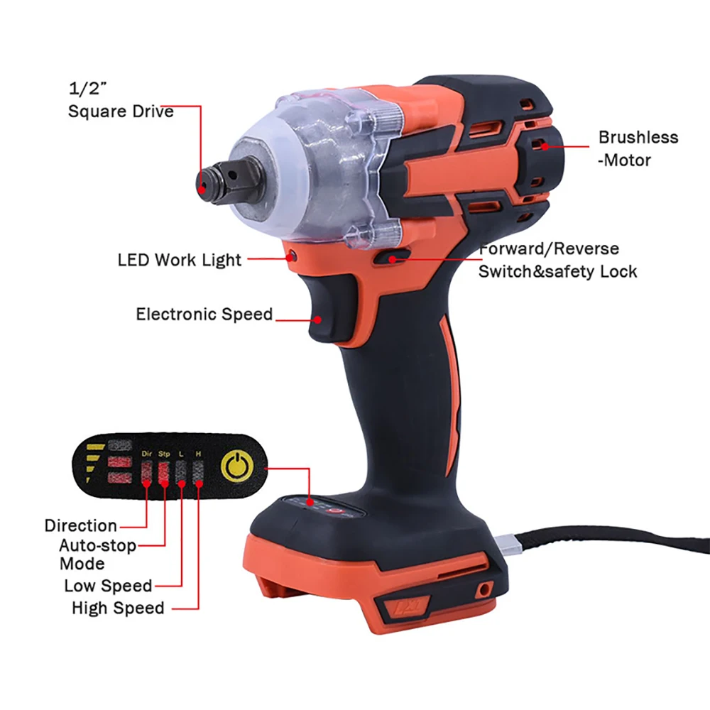 

18V 520N.m Li-Ion Cordless Impact Wrench Driver Torque 1/2'' Socket Electric Wrench Replacement For Makita Battery Car Tools