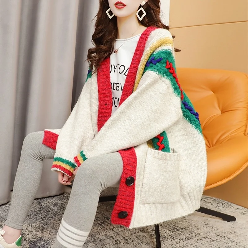 

New 2021 Spring Autumn Fashion Striped Print V Neck Cardigan Female Jacket Knitwear Sweater Coat Casual Knit Jacket For Women