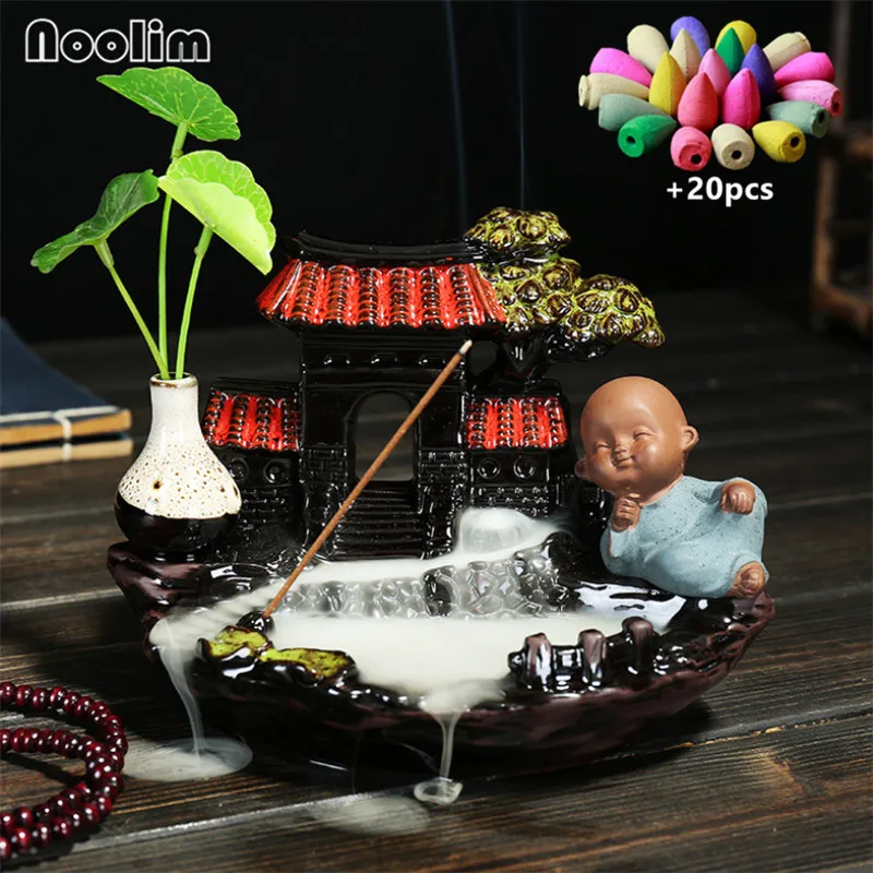 With 20pcs mixed-C Керамический дом дизайн курильница для благовоний горелка маленький монах дым водопад курильница подставка для ароматических палочек домашний декор+ 20 шт конусов - Цвет: With 20pcs mixed-C