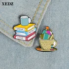Цветные эмалированные книжки XEDZ с надписью сокровищами, кофейной чашкой, с булавкой, для чтения, для рюкзака, брошь, ювелирный подарок, подруге