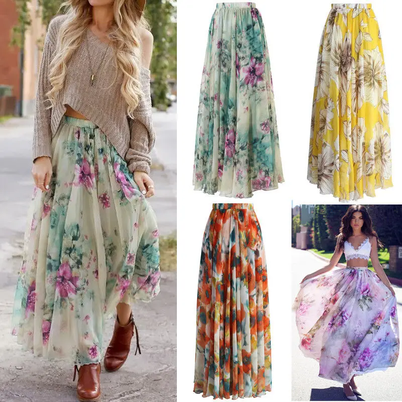 Женская обувь с цветочным рисунком плиссированная юбка Леди Boho Maxi шифоновые юбки