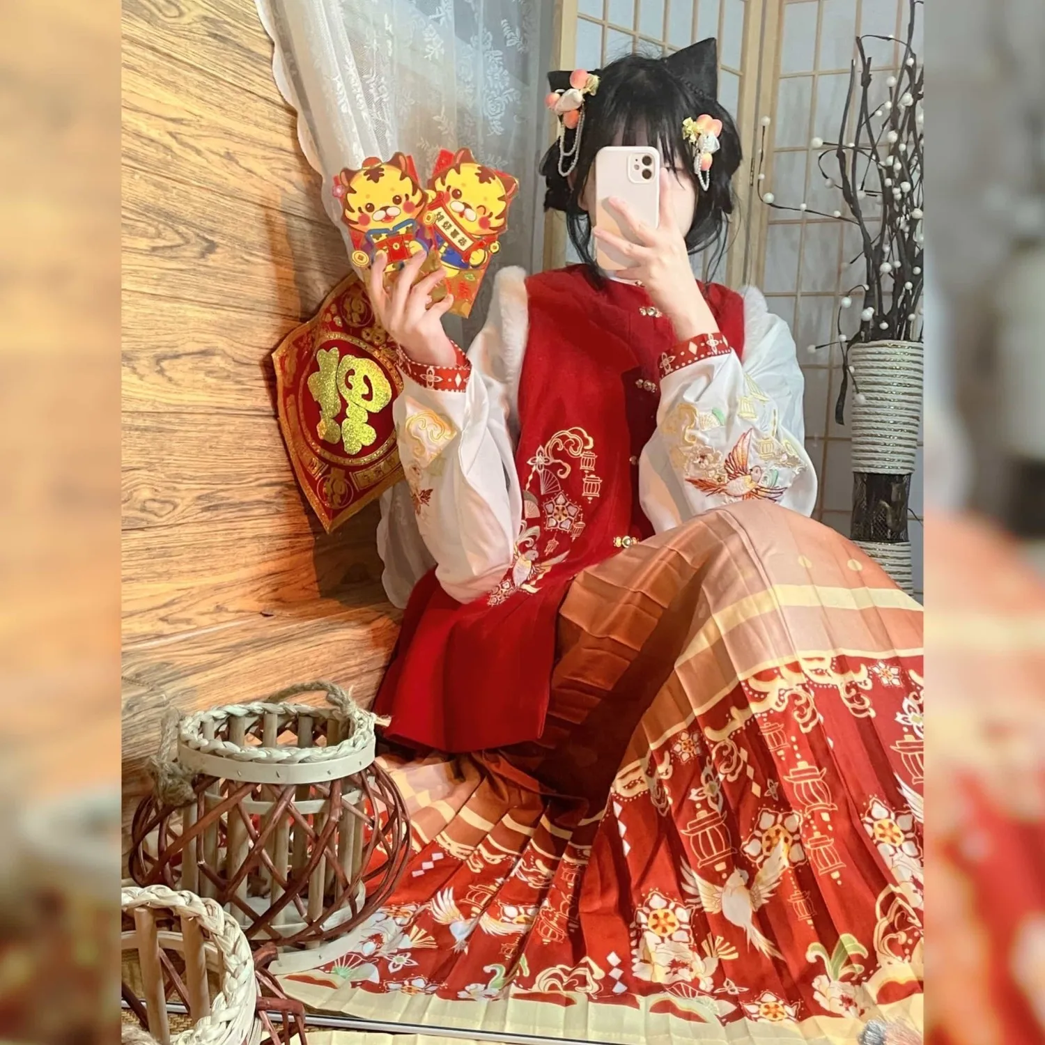 

HASAHOU[New Yeart] Original Hanfu Female Winter New Year's Cothing Plus velvet Ming Dynasty Embroidered Horse Face Jacket Skirt