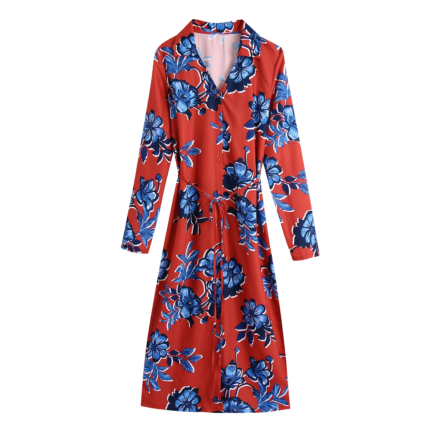 

Женское платье с поясом, винтажное платье средней длины с принтом, V-образным вырезом и длинным рукавом, шикарное платье на пуговицах, лето ...