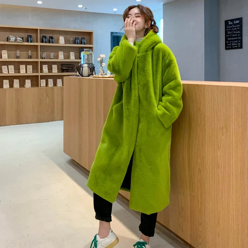 Avocado green 8 цветов,, зимние толстые теплые женские пальто с искусственным мехом большого размера, Длинная Верхняя одежда с капюшоном из искусственного меха норки, w2002 - Цвет: Avocado green