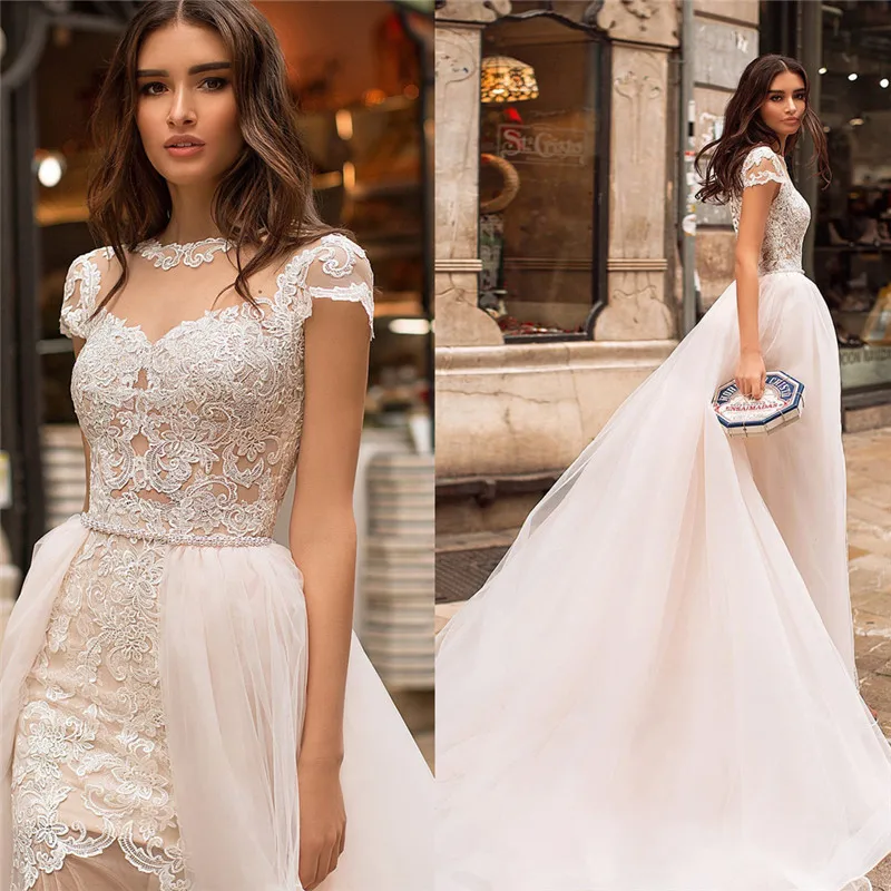 

Женское свадебное платье с юбкой годе, Кружевная аппликация со съемным шлейфом и короткими рукавами, облегающее платье невесты на пуговица...