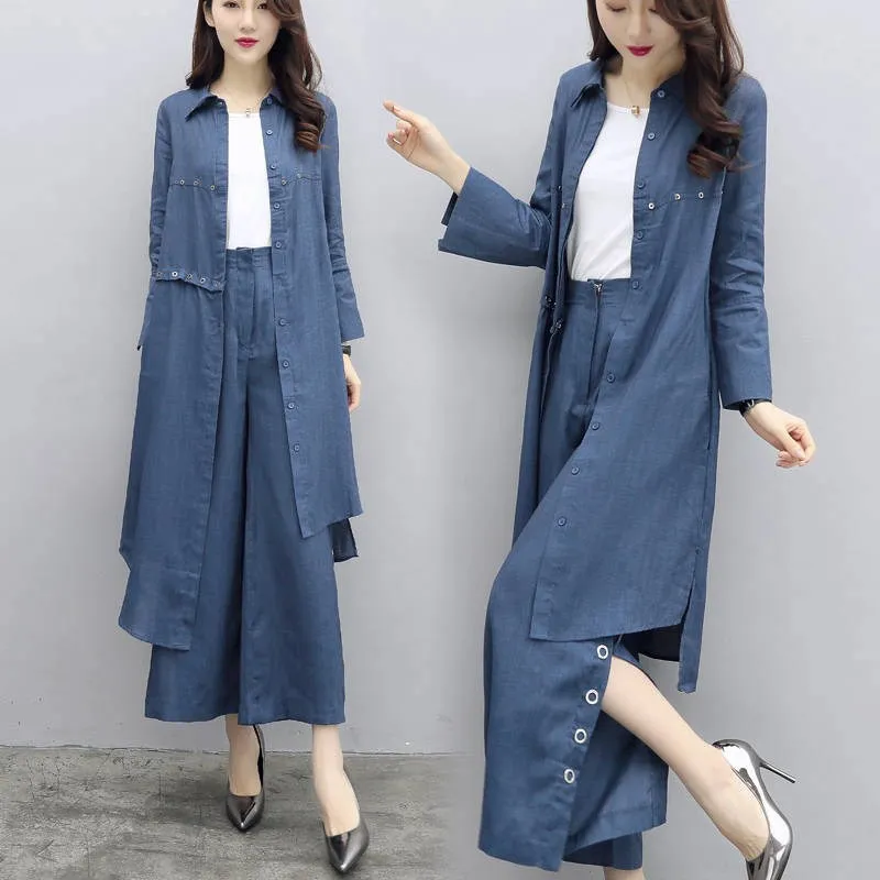 Женский джинсовый костюм двойка асимметричный Длинный топ блузка и брюки с