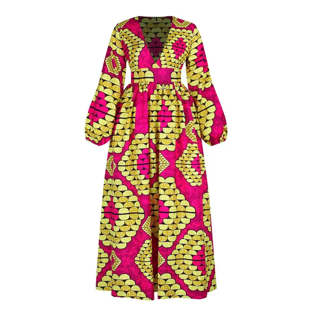 

Elastic Maxi Dress African V-neck Print Vestidos Dashiki Bazin Full Sleeve Robe Gowns Broder Riche Sexy Lady Party Vacation