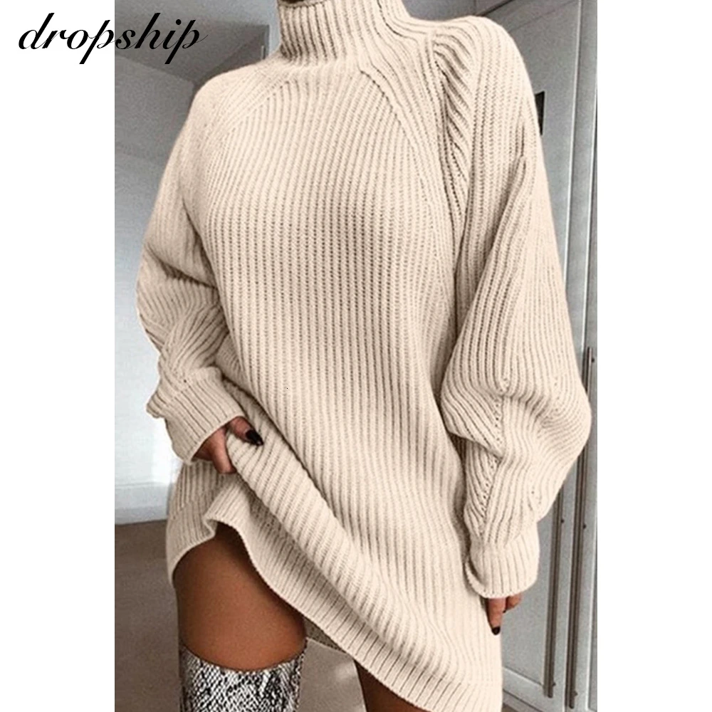 Dropship Turtleneck Long Sleeve Sweater Dress Women Autumn Winter Loose Knitted Casual Pink Gray Clothes Solid Dresses Warm Top | Женская