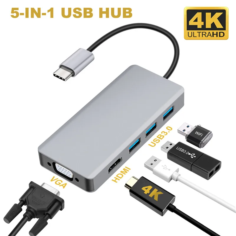 5 в 1 USB C концентратор HDMI VGA адаптер двойного дисплея с 3 0*3 4K 1080P @ 60 Гц Thunderbolt Тип для
