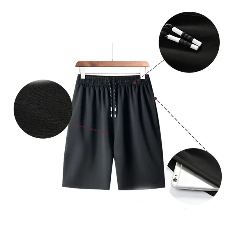 

Men Elastic Waist Drawstring Summer Workout Shorts with Zipper Pockets Solid Color Quick Dry Sport Casual Beah Pants
