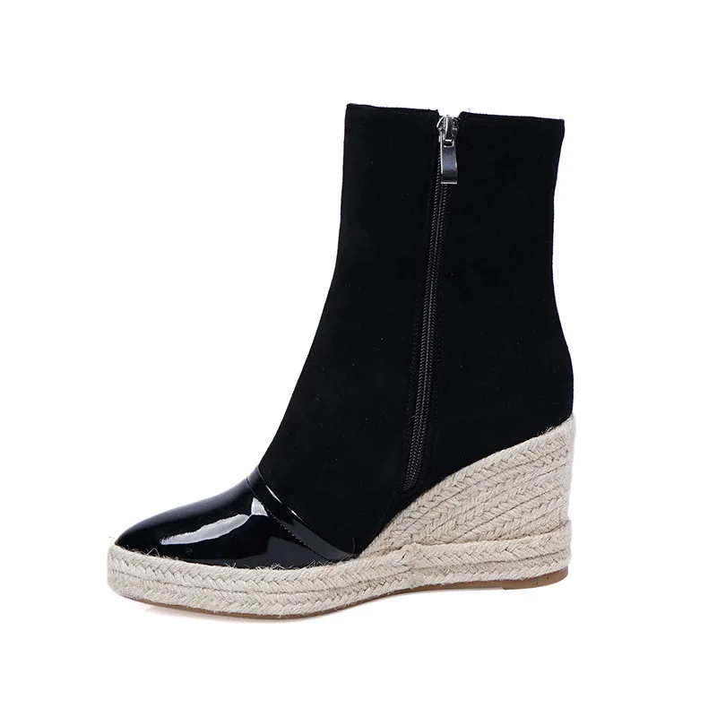 Черные женские замшевые ботинки Phoentin на танкетке с застежкой молнией 2019