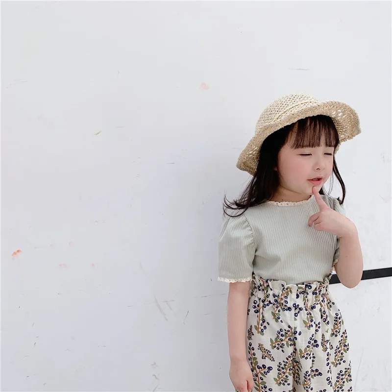 

T-shirt Girls short-sleeved children's Clothing 2021 Summer Puff Sleeve Lace Top Kids Solid Color Bottoming Shirt 20566