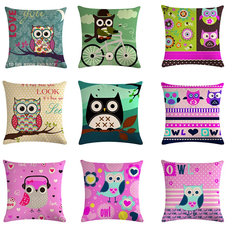 

45x45cm Cartoon Cushion Cover Owl Cotton Linen Throw Pillow Cover Animal Home Decor For Sofa Office Pillowcase