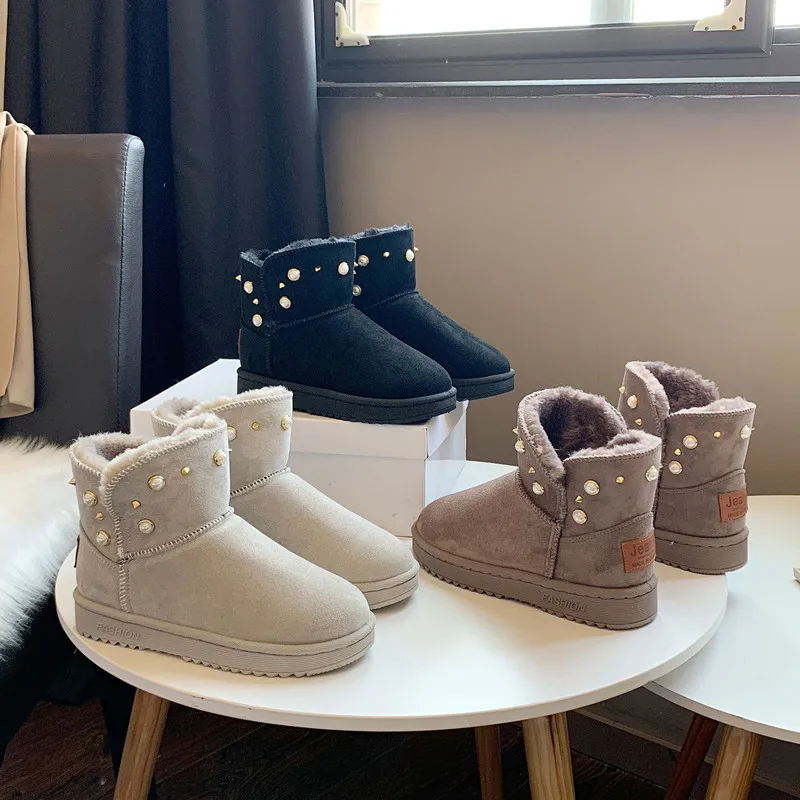 

Winter Female Snow Boots women boots pearl decoration winter shoes warm black round toe casual plus size
