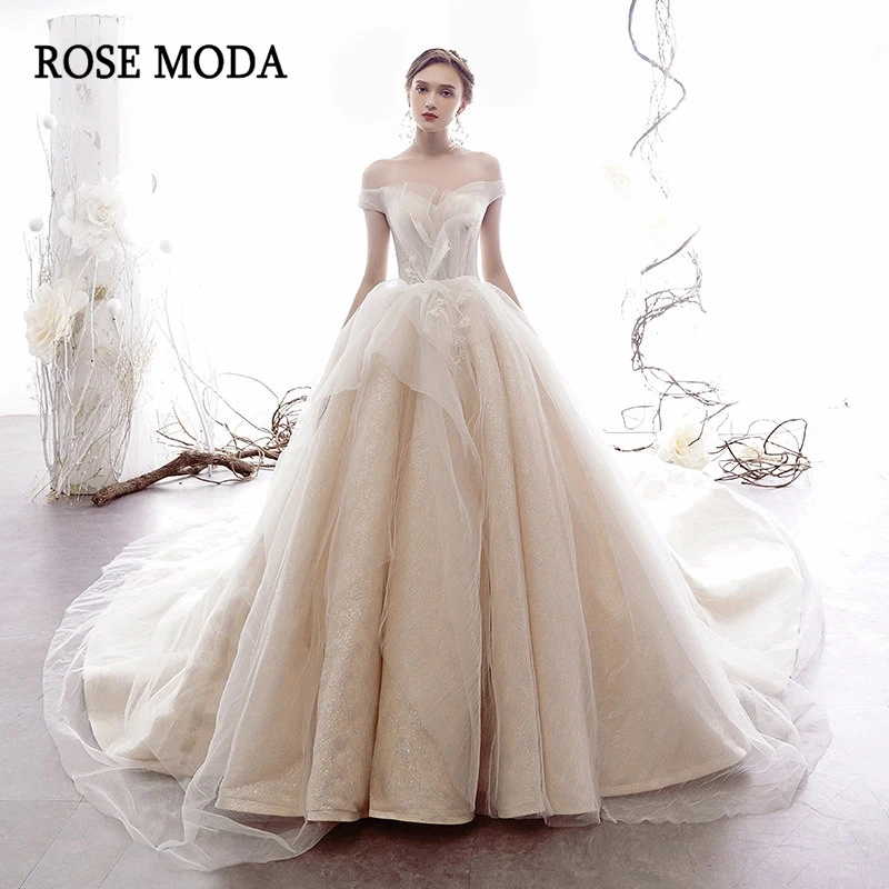 

Женское свадебное платье с длинным шлейфом Rose Moda, роскошное блестящее платье с открытыми плечами, бальное платье принцессы, индивидуальный ...