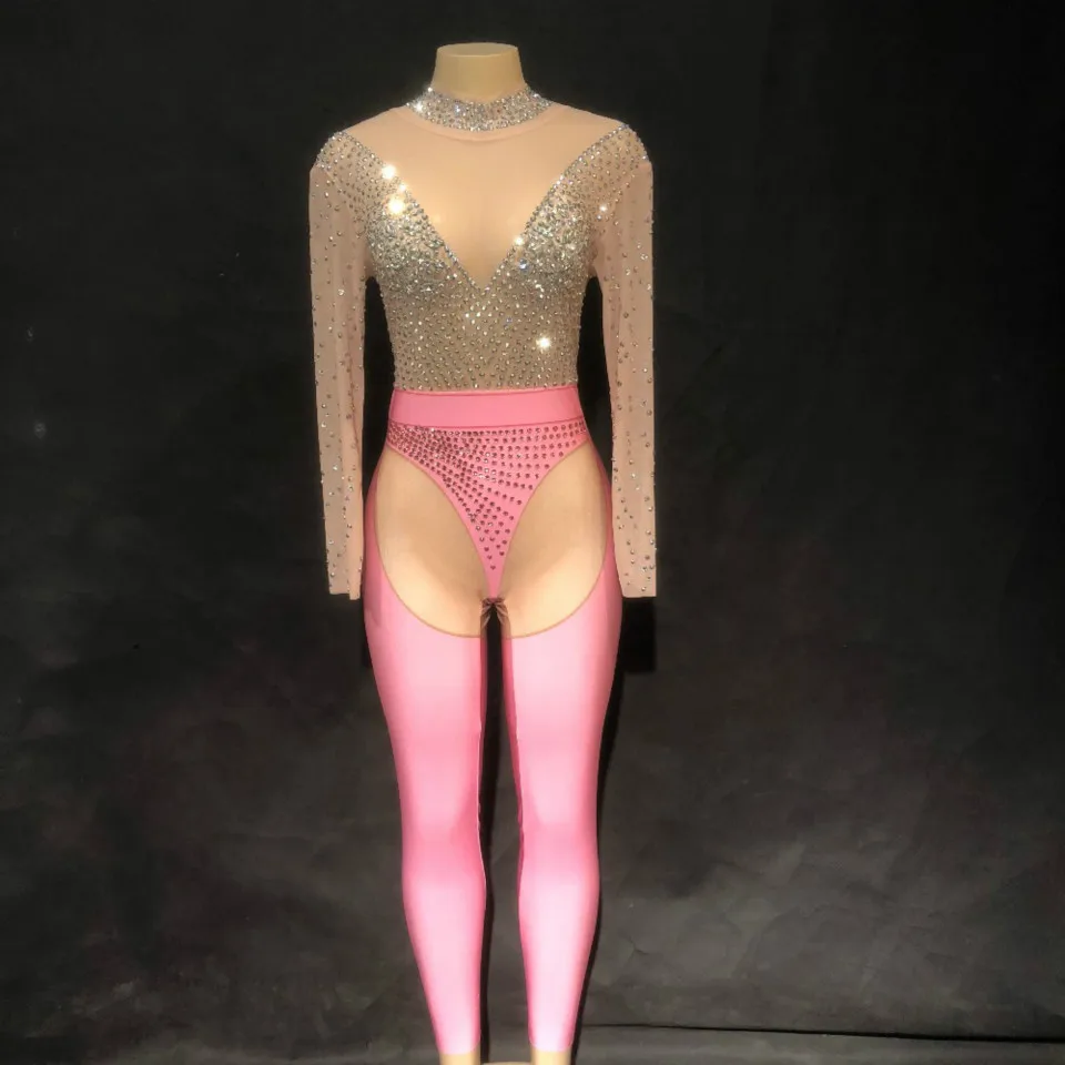 Женский розовый сексуальный комбинезон Стразы женские леггинсы для певицы