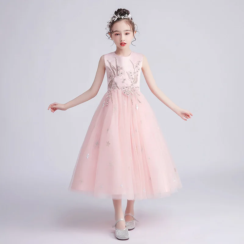 Розовое платье для девочек на день рождения с цветами вечерние свадьбы первого