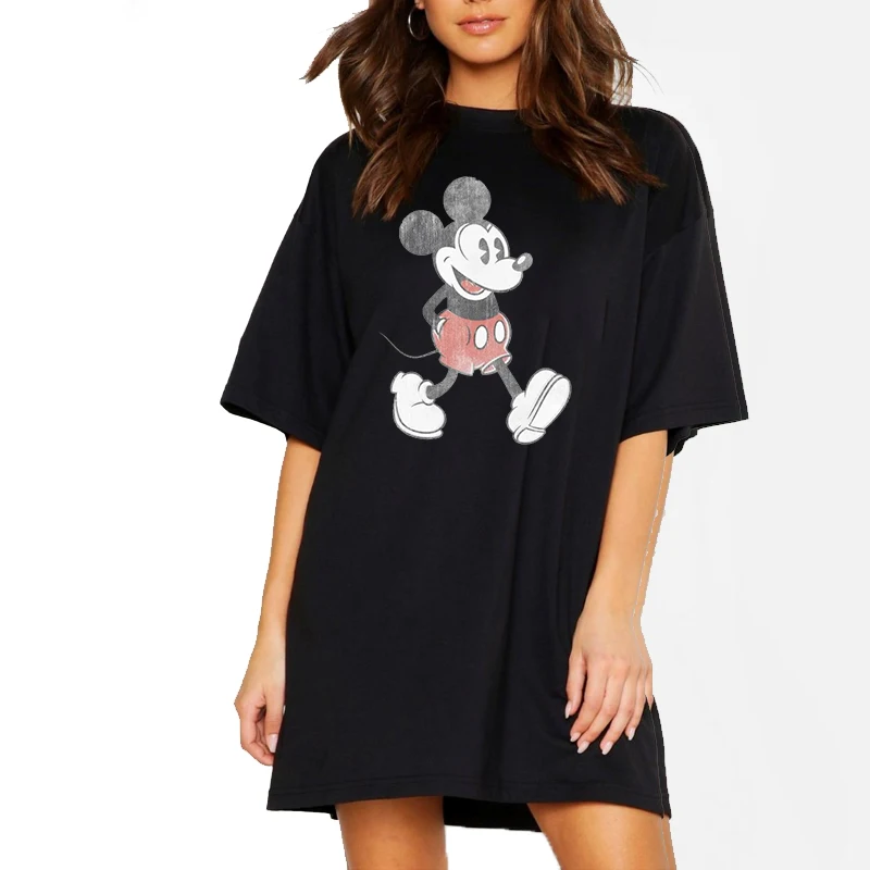 

Summer Tshirt Dresses Casual Women Print Cartoon Mickey Mini Dress Short Sleeve White Casual Loose Harajuku Robes Vestidos New