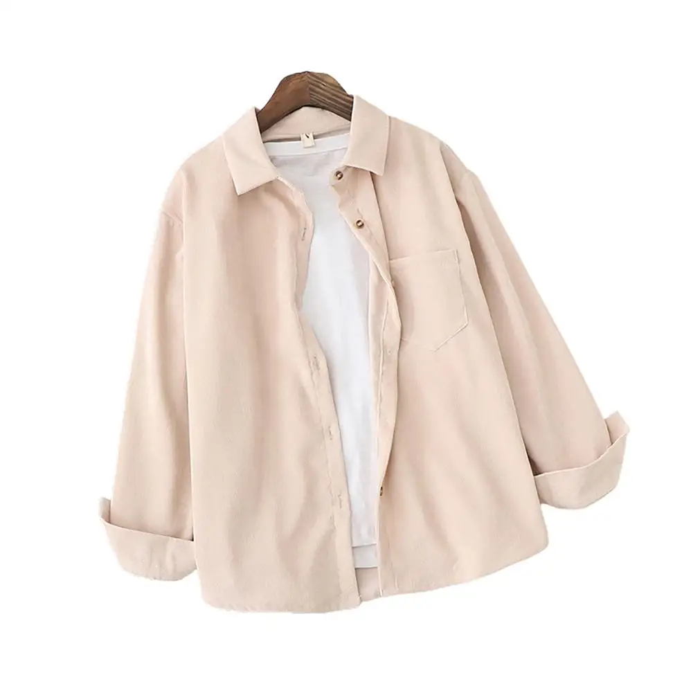 

Women Spring Autumn Loose Lapel Solid Color Long Sleeve Corduroy Shirt Coat