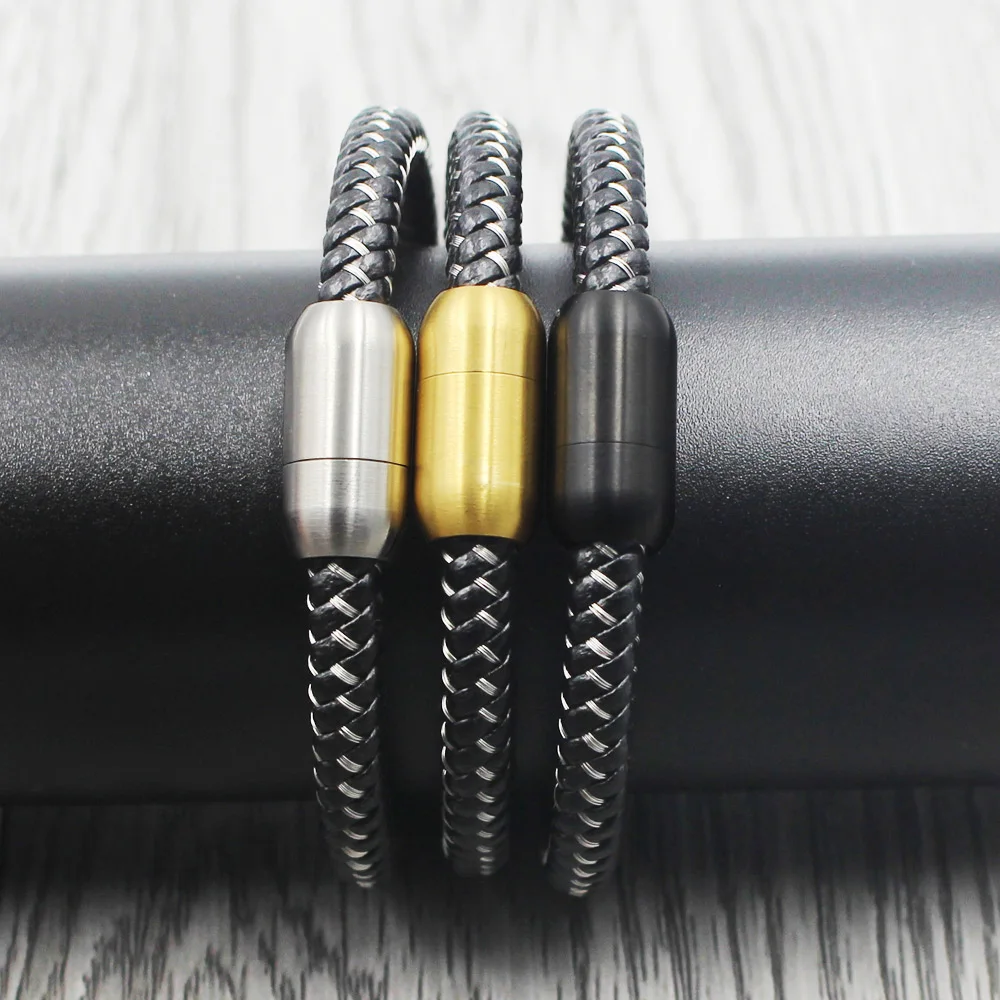FIREBROS Silver Color Magnetic Buckle Stainless Steel Wire Braided Genuine Leather Bracelet for Men Women Vintage Jewelry Gift | Украшения