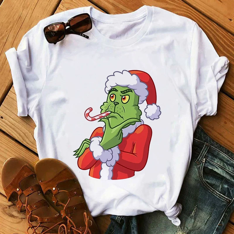 

Grinch Christmas Cartoon Graphic Print T-shirt Women Harajuku Aesthetic Fun Tshirt Tee Short Sleeve White Top Female T Shirt