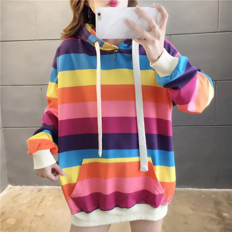 

Rainbow Striped Hoodie 2021 Spring and Autumn Thin Sweater Long Sleeve Womens Casual Long Sleeve Pullover Sweatshirt Women