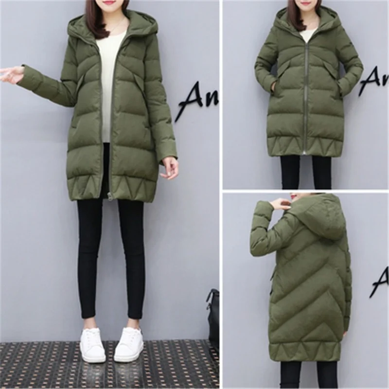 Fashion Long Parkas Winter Down Cotton Jacket Coat Lady Solid Overcoat Women Leisure Style Jackets with Pocket Hooded Warm Coats