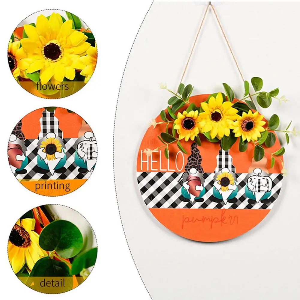 

Sunflower Gnome Sign Welcome Wreath Hanging Ornament Wooden Pendant Hello Door Decor Sign Artificial Flower Garland Home Decor