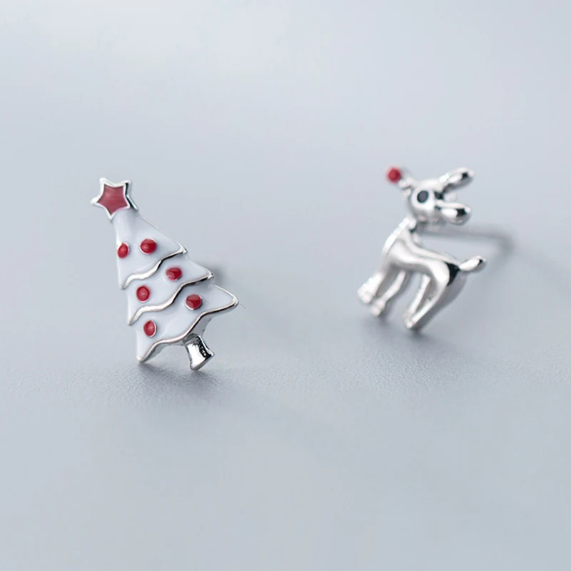 Real 925 Sterling Silver Cute Deer Christmas tree Jewelry Women Asymmetry Stud Earrings Fashion Girl Gifts | Украшения и