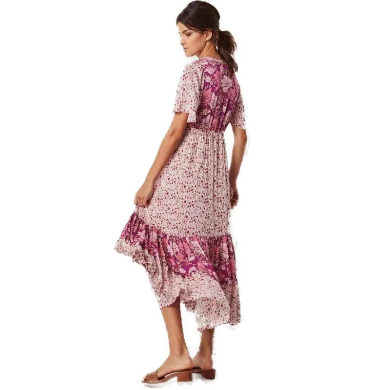 Богемный Вдохновленный розовый цветочный принт платье v-образным вырезом