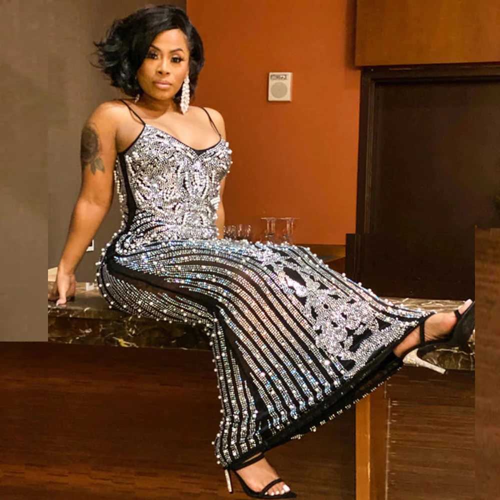 Прозрачные сетчатые бисер Стразы Длинные вечерние платья женские туфли черного