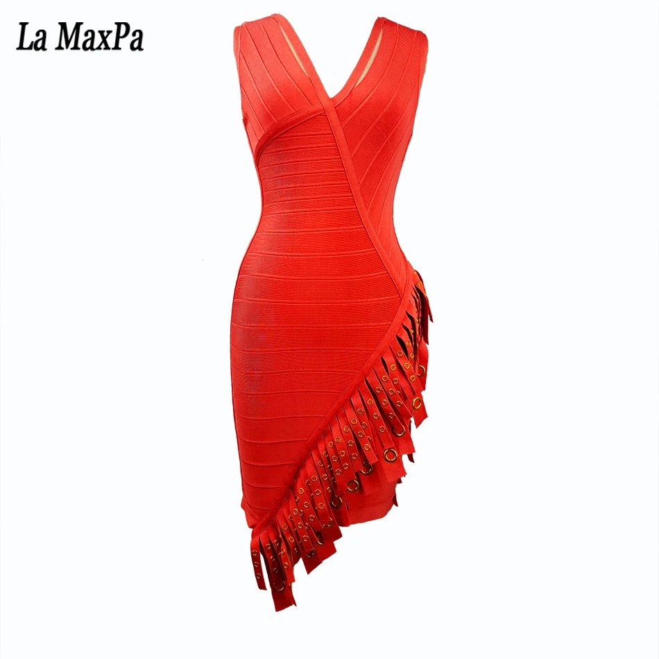 Женское Бандажное платье без рукавов с v образным вырезом и кисточками вечерние