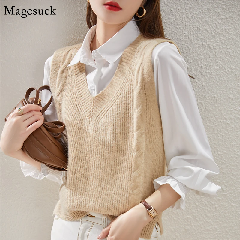 

Autumn Winter 2021 Loose Knitted Sweater Vests V-neck Women's Vest Sleeveless Elegant Solid Ladies Pullover Sweaters Tops 16929