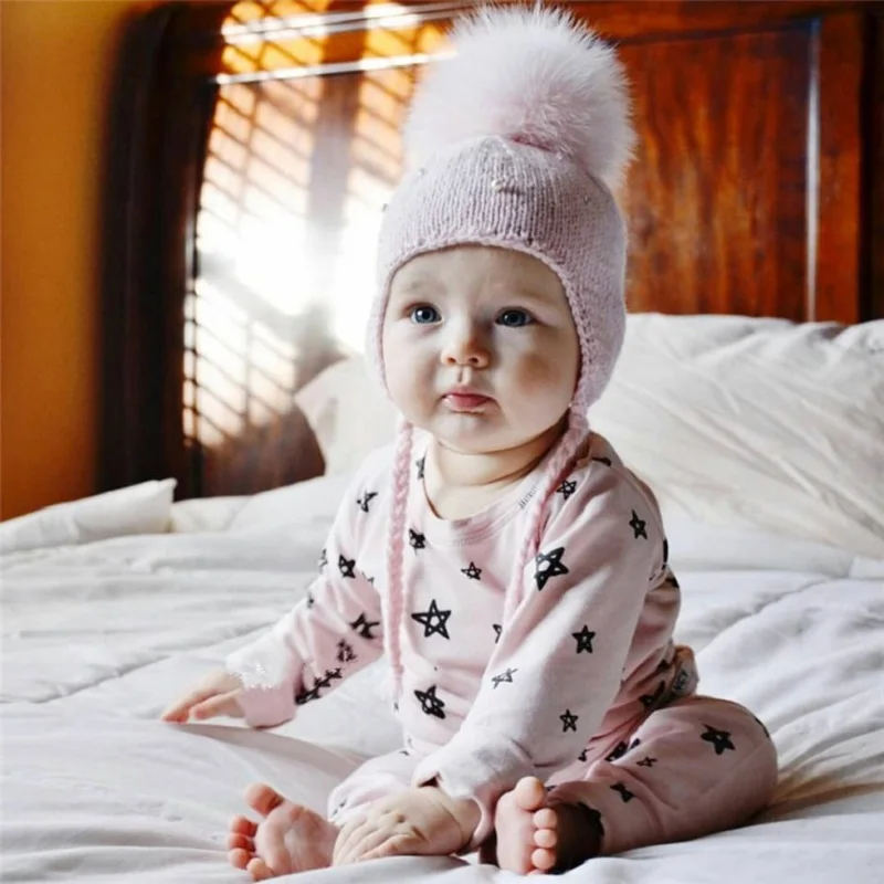 Pearl Pom Fur Ball Baby Winter Hats For Girls Kids Hat Ear Warm Lace-Up Cap Casquette Enfant Girl Newborn Bonnet | Детская одежда и
