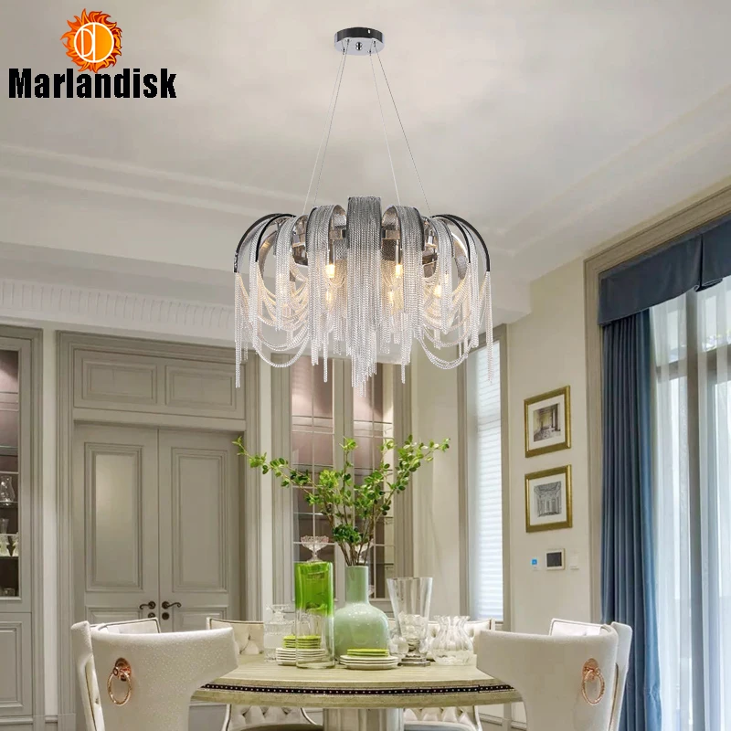 

Hot Post-modern Chrome Alluminium Chain Pendant Lamp Nordic Hanging Light for Living Room Restaurant LED Bulbs Cord Pendant Iron
