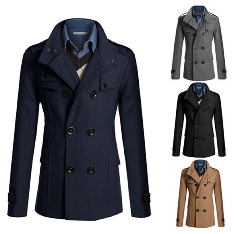 

New Arrival Stylish Men Winter Stand Collar Long Sleeve Double-breasted Woolen Trench Coat With Pockets Wholesale Dropshipping